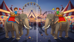 Spot the Difference Puzzle: Find 3 Changes in Boy Riding Elephant Scene Quickly
